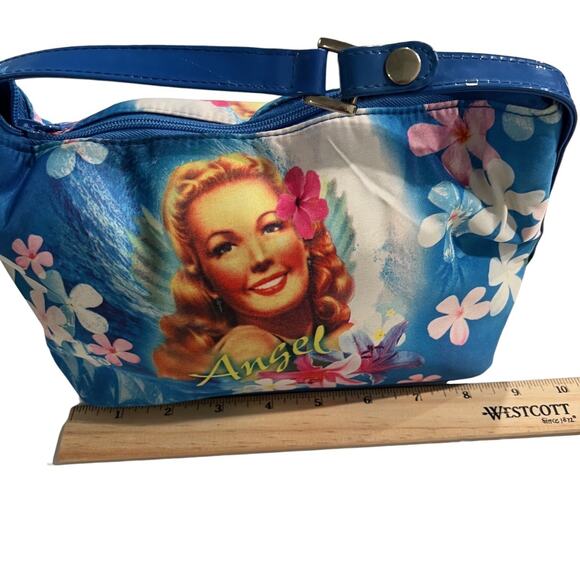 Modella Angel Retro Pin-Up Floral Cosmetic Bag Blue Zipper Handle NWT 9x6" - Picture 7 of 9